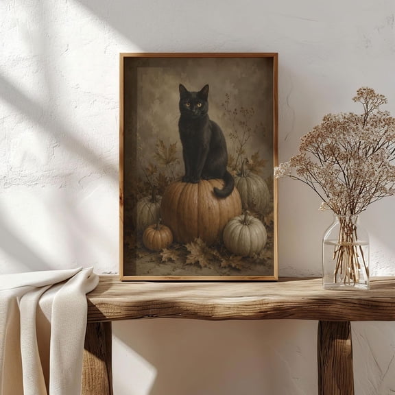 Black Cat Pumpkin Wall Art Print, Farmhouse Halloween Decor