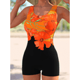 thumbnail image 2 of Women's Athletic Tank Top One‑Piece Boyleg Swimsuit, Orange Red Floral Print Quick Dry Sun Protection Beach Bathing Suit, 2 of 3