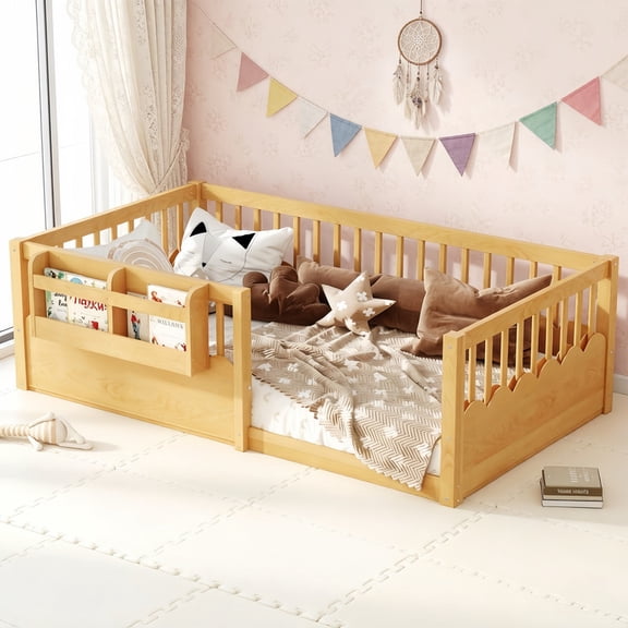 Twin Size Floor Bed with Heightened Fence, Kids Platform Bed Frame with No Slat, Montessori Storage Bed with Bookshelf