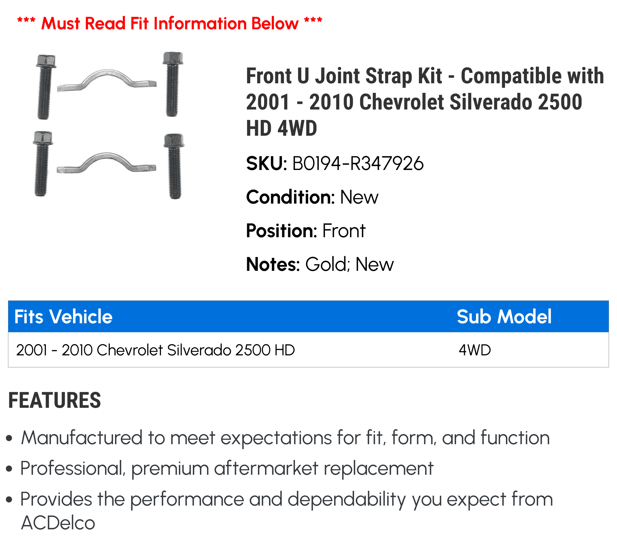 Front U Joint Strap Kit - Compatible with 2001 - 2010 Chevrolet Silverado 2500 HD 4WD - AC Delco