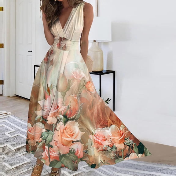 ClodeEU Womens Summer Floral Print V Neck Sleeveless Long Maxi Dress Fashion Ruffled Flowy Maxi Dress Gold,Womens Plus XL