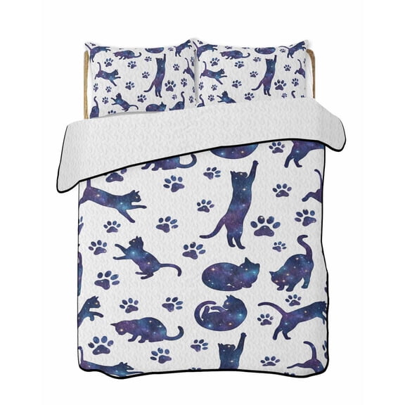 Quilts Queen Size Bedding Set, Blue Starry Sky Cat Lightweight Quilted Comforter, Cat Paw Farmhouse Soft Reversible Bedspread Coverlet with Pillow Covers for All Season, 90" x 96"