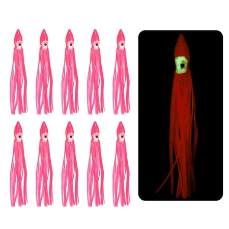 Fishing Squid Skirts Glow Soft Plastic Trolling Lures Luminous 4.7 x 0.5 Inch & 10 Pcs & Pink -Fitting for (Bass/Trout)