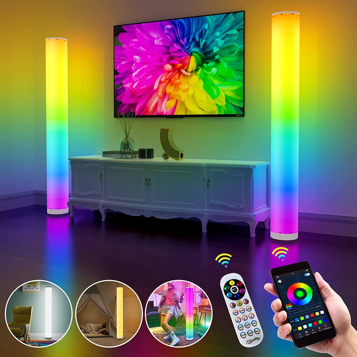 Floor Lamp RGB LED Corner Light 52-104cm Color Remote Changing Modern Stand Room 