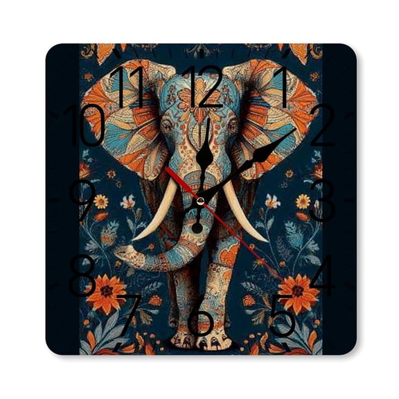 RKSupls 10×10inch Square Silent Wall Clock Wooden Frame, Elephant Floral Pattern Scale Decorative Clock for Home Bedroom Living Room Office