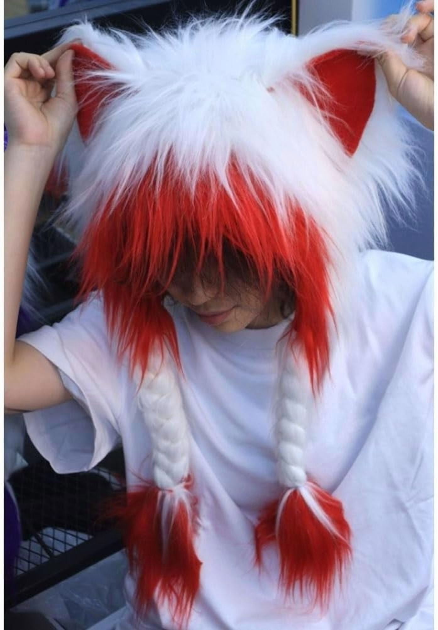 Soft Furry Animal Ear Hat with Braids,Furry Head Mask,Cute Animal Horns Ears Winter Hat,Hooded Red Black Fur Winter Warm Earmuffs Cat Shiesty,Cosplay Accessories,Great for Cosplay and (1,pcs,L)