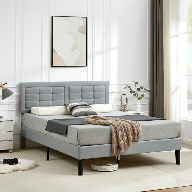 VECELO Full Upholstered Platform Bed Frame with Button Tufted Adjustable Headboard, Sturdy Wood Slat Support, No Box Spring Needed, Light Gray
