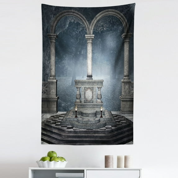 Gothic Tapestry, Altar on a Checkered Floor in Scary and Winter Forest Scenery Illustration, Fabric Wall Hanging Decor for Bedroom Living Room Dorm, 5 Sizes, Blue Grey, by Ambesonne