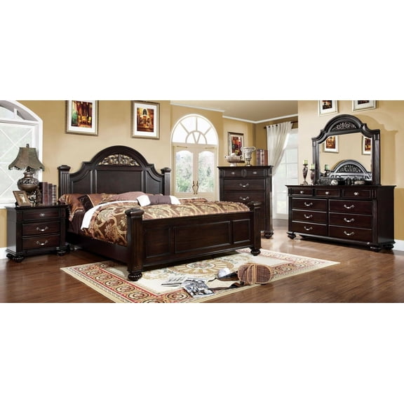 Dark Walnut Traditional Eastern King Size Bed Dresser Mirror 2x Nightstands Chest Brass Handles 6pc Bedroom Furniture