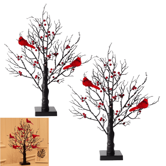 Vintage Glowing Cardinal Tree with Berries, Vintage Glowing Tree with Moving Cardinals, Led Vintage Glowing Tree, Warm Vintage Glow with Festive Red Berry, Lighted Cardinal Tree Black (2Pc)