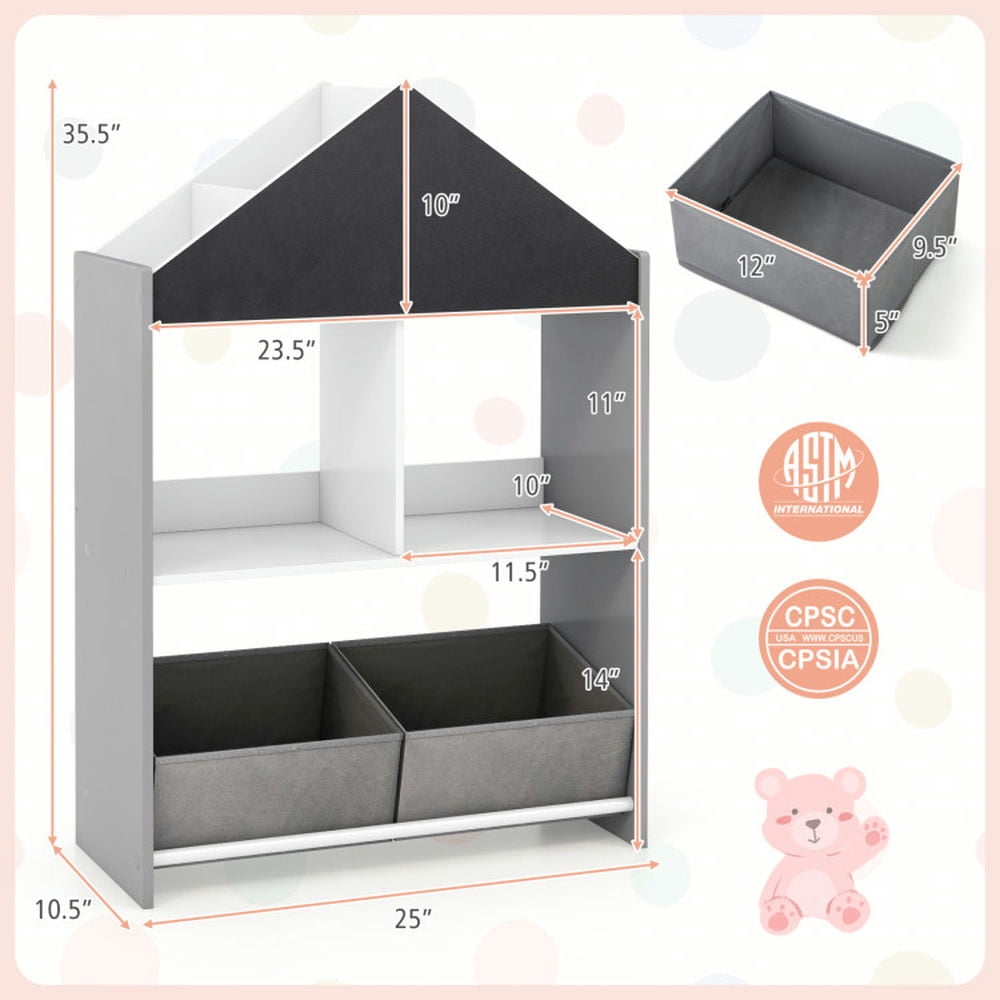 Topcobe Playhouse Kids Bookshelf with Chalkboard and Whiteboard for 3-6 Years, Kids Furniture for Living Room Bedroom-Gray
