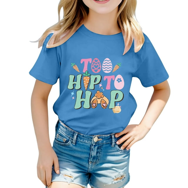 PMVFHDE Hauts d'Été Tendance Fille Hauts d'Été Manches Courtes pour Fille Hauts Manches Courtes Filles Hauts Enfants Filles Pâques Mignon Graphique Col Rond T-Shirt d'Été Bleu, 8-9 Ans