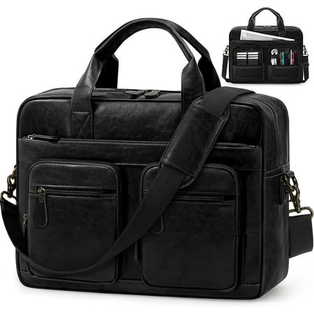 Vintage Messenger Bag for Men PU Vegan Leather Computer Laptop Bag 15.6 Inch Waterproof Briefcases for Men Retro Mens Briefcase Satchel Bag for Work Office Business Travel Black