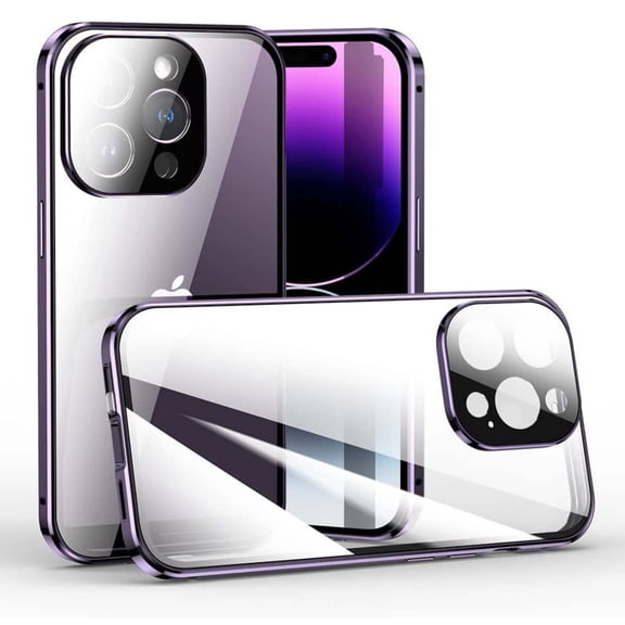 Magnetic Case for iPhone 14 Pro,Magnetic Adsorption Shockproof Aluminum Bumper Double Sided Clear Tempered Glass with Lens Protector No Fingerprint Unlock Cover,Purple