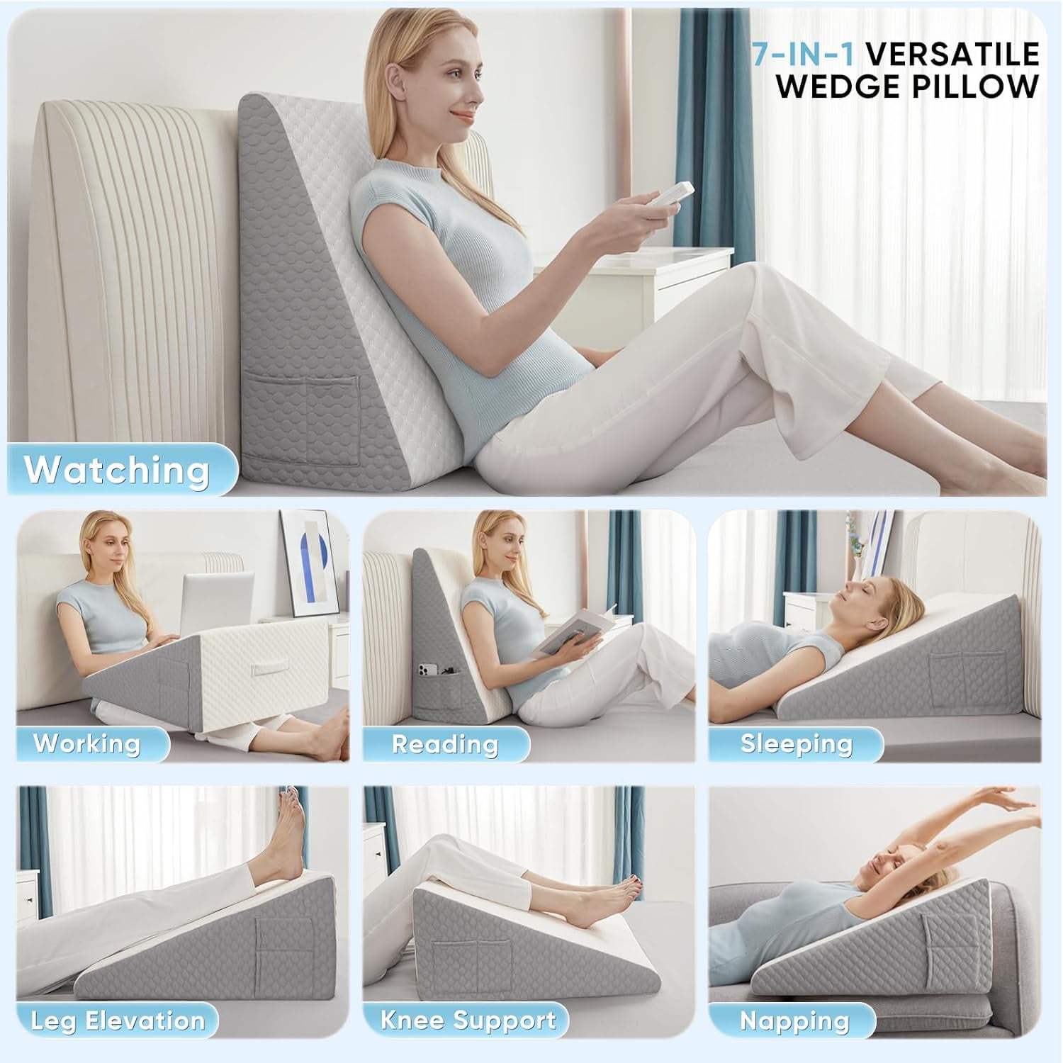 1 pcs Wedge Pillow for Sleeping  Bed Wedge Pillow for After Surgery Triangle Pillow Wedge for Acid RefluxGerd Snoring Post Surgery Leg Back Pain Relief - Soft Memory Foam Top & Washable Cover