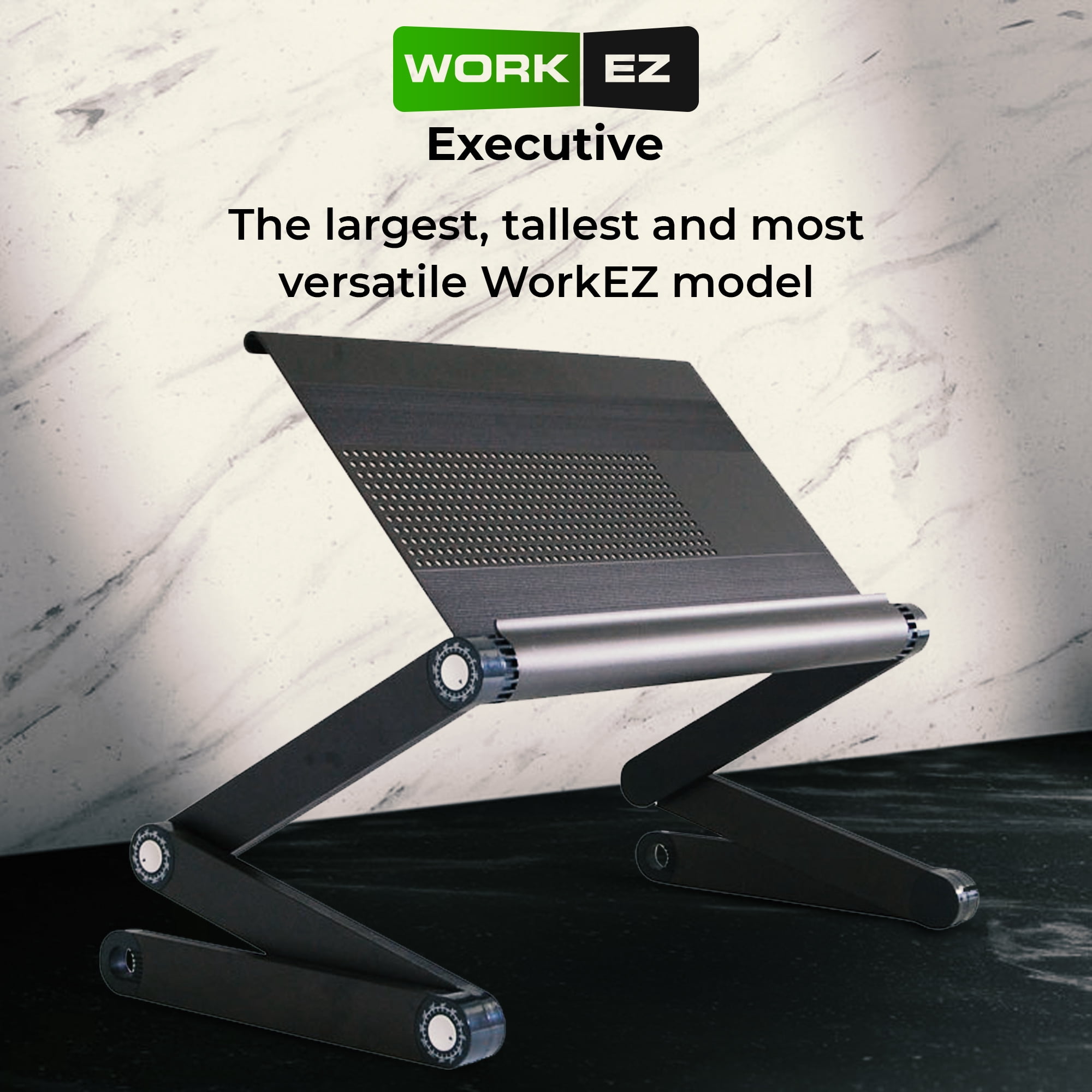 Adjustable Laptop Stand for Desk and Bed – WorkEZ Executive Aluminum Laptop Riser with Ergonomic Height & Tilt, Cooling Panel, and Portable Lap Desk Design