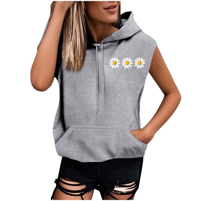 Sombrero Superior para las Mujeres Manga Corta Delantera Y Trasera Impresa Cuerda de Bolsillo con Capucha Sudadera Superior, Desgaste Casual Toda la Temporada