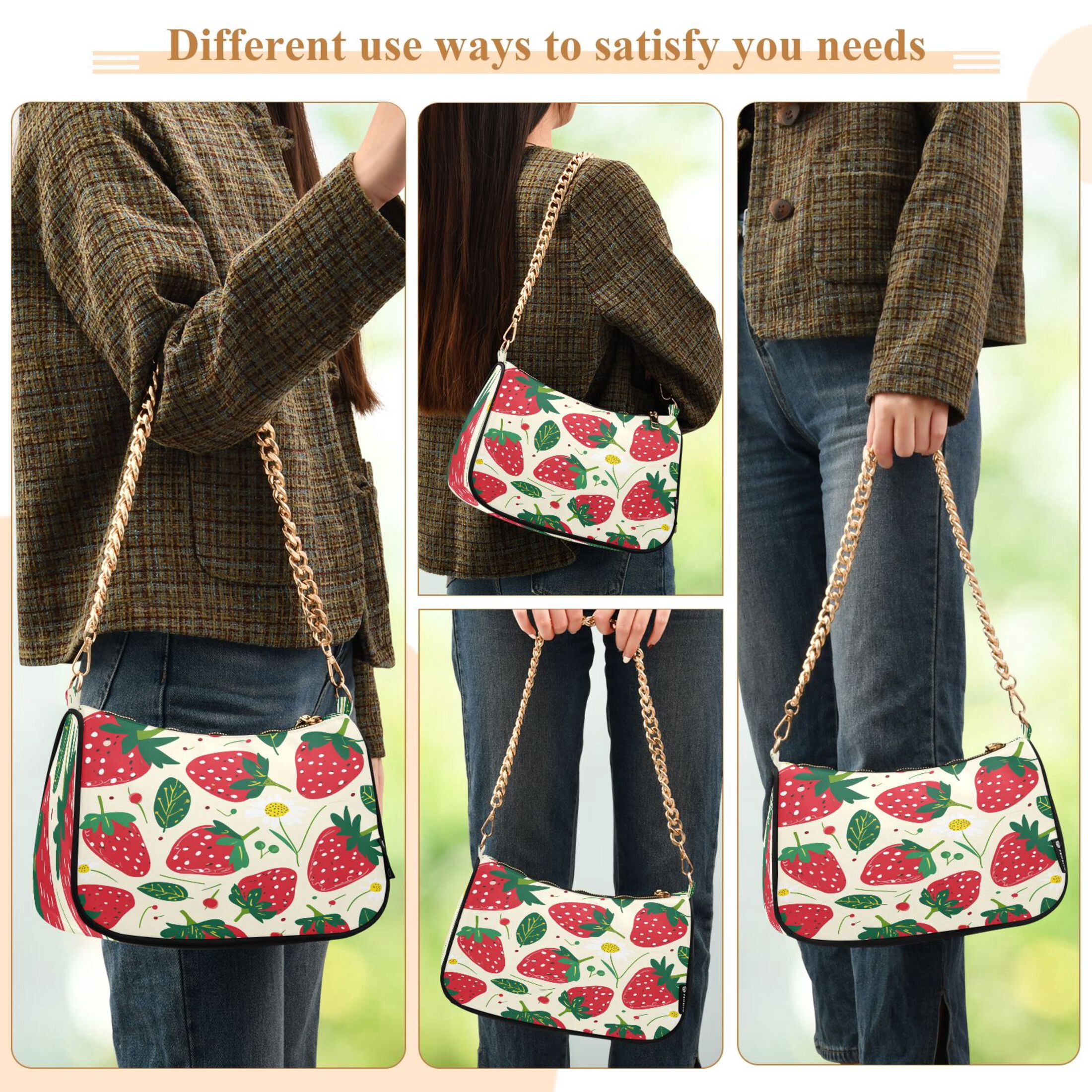 Ryvnso Strawberry Fruit Womens Chain Shoulder Bag Tote Handbags Clutch Hobo Purse with Zipper for Travel