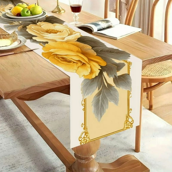 1pc Linen 100% yellow and gray floral design Party Decoration, Gift, Holiday Decorations, Room Decor, Scene Decor Dustproof & Wipe Clean Table Runner
