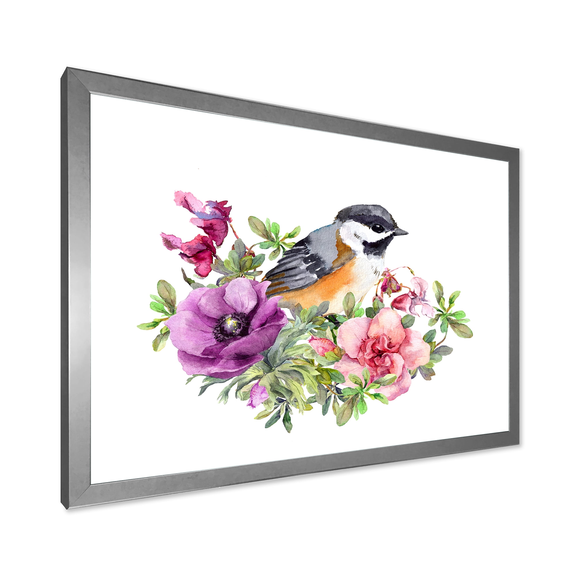 Designart 'Cute Bird In Purple and Pink Flowers' Traditional Framed Art Print
