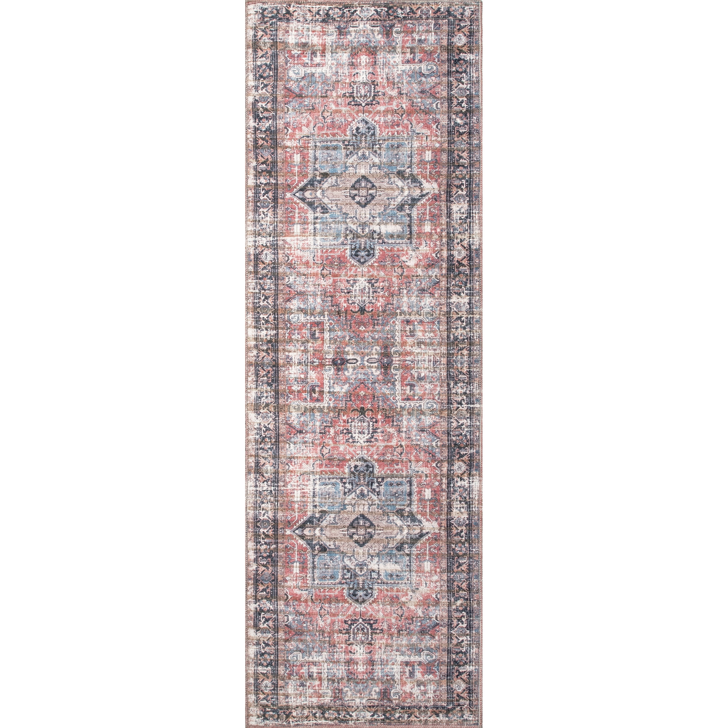 nuLOOM Jessie Machine Washable Distressed Traditional Medallion Runner Rug, 2' 8" x 8', Rust