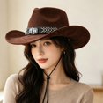 thumbnail image 4 of Slccxzc Classic Style Western Cowboy Hat Wide Brim Retro Jazz Cap Chin Strap Outdoor Travel Sun Protection Hat Brown, 4 of 7