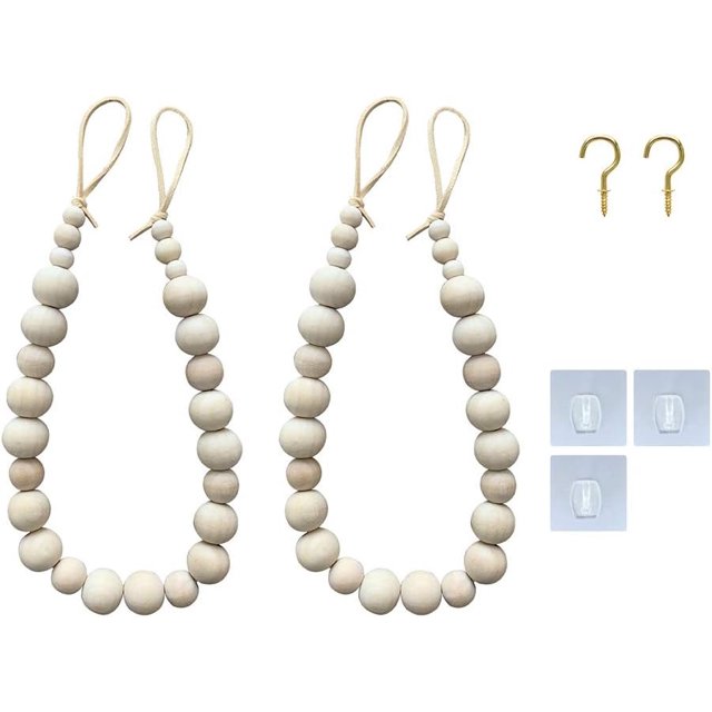 Ensemble de 2 Attaches de Rideau en Perles de Bois, Attaches de Rideau Boho, Crochets d'Attache de Rideau en Corde de Bois, Attaches de Rideau de Ferme, Support de Rideau, Attaches de Rideau Drapé Perles
