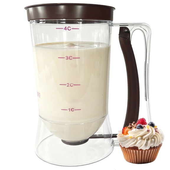 Batter Dispenser 900ml with Squeeze Handle Silicone Valve and Measurement Scale for Pancakes Cupcakes, Brown