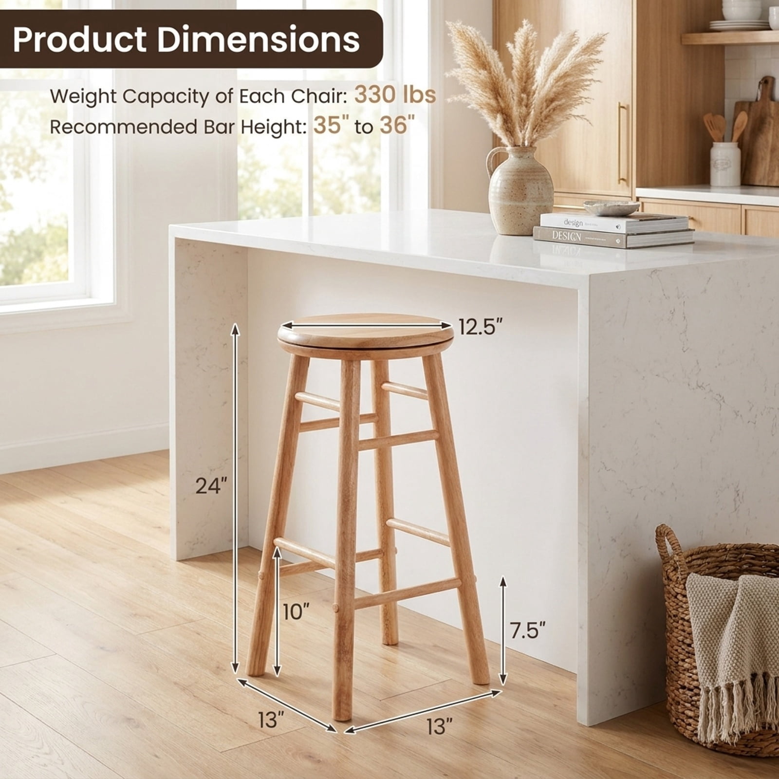 Furnibear 24" Swivel Bar Stools Set of 2 with Footrests & Crossbars for Kitchen Island Counter Bar Pub Dining Home, Natural