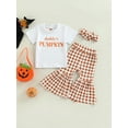 thumbnail image 2 of Bagilaanoe 3Pcs Toddler Baby Girls Long Pants Set Letters Print Short Sleeve T-shirt Tops + Plaid Flare Trousers + Headband 6M 12M 18M 24M 3T 4T Kids Casual Outfits, 2 of 8