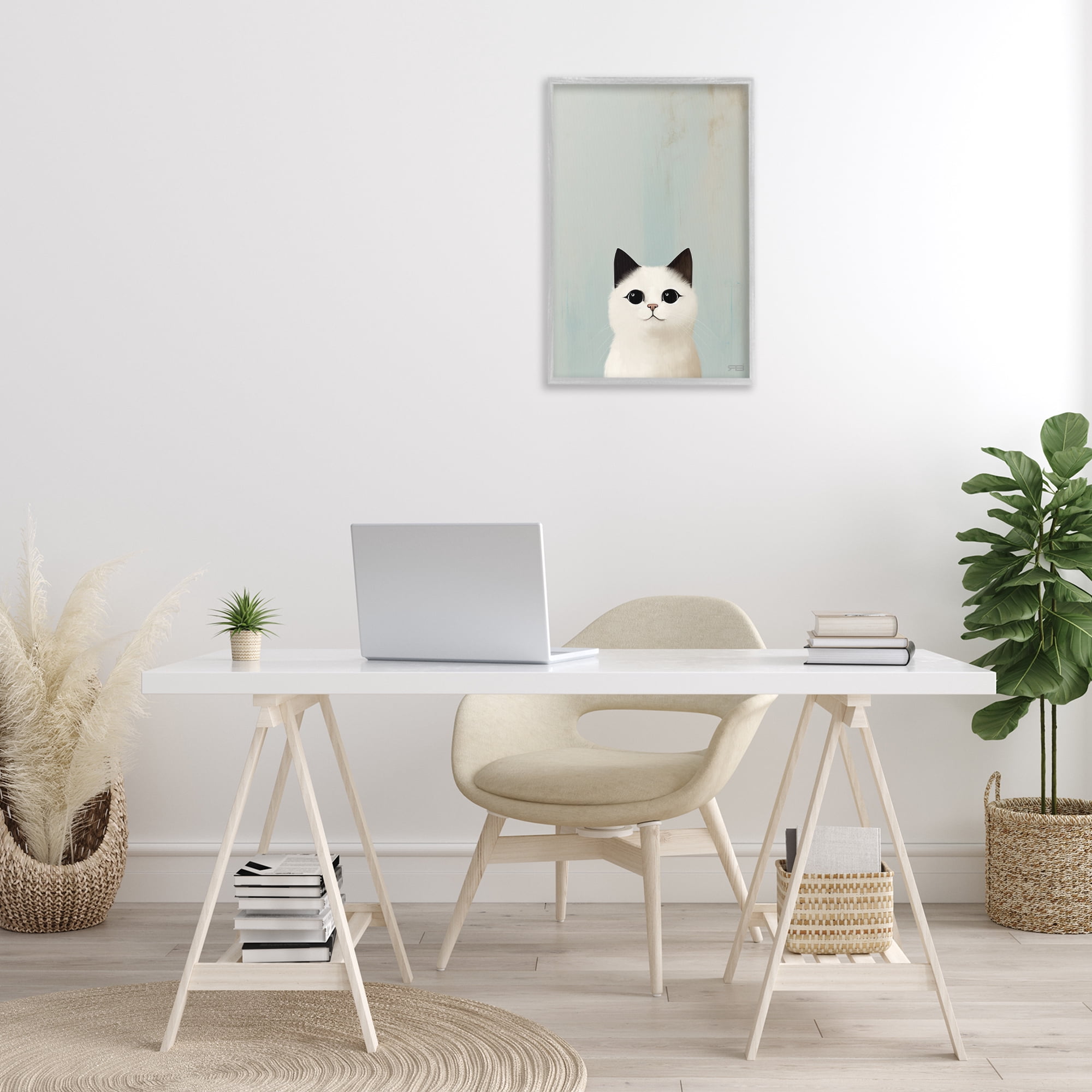 Stupell Industries Peeking White Kitten Animals & Insects Painting Gray Framed Art Print Wall Art, 16 x 24