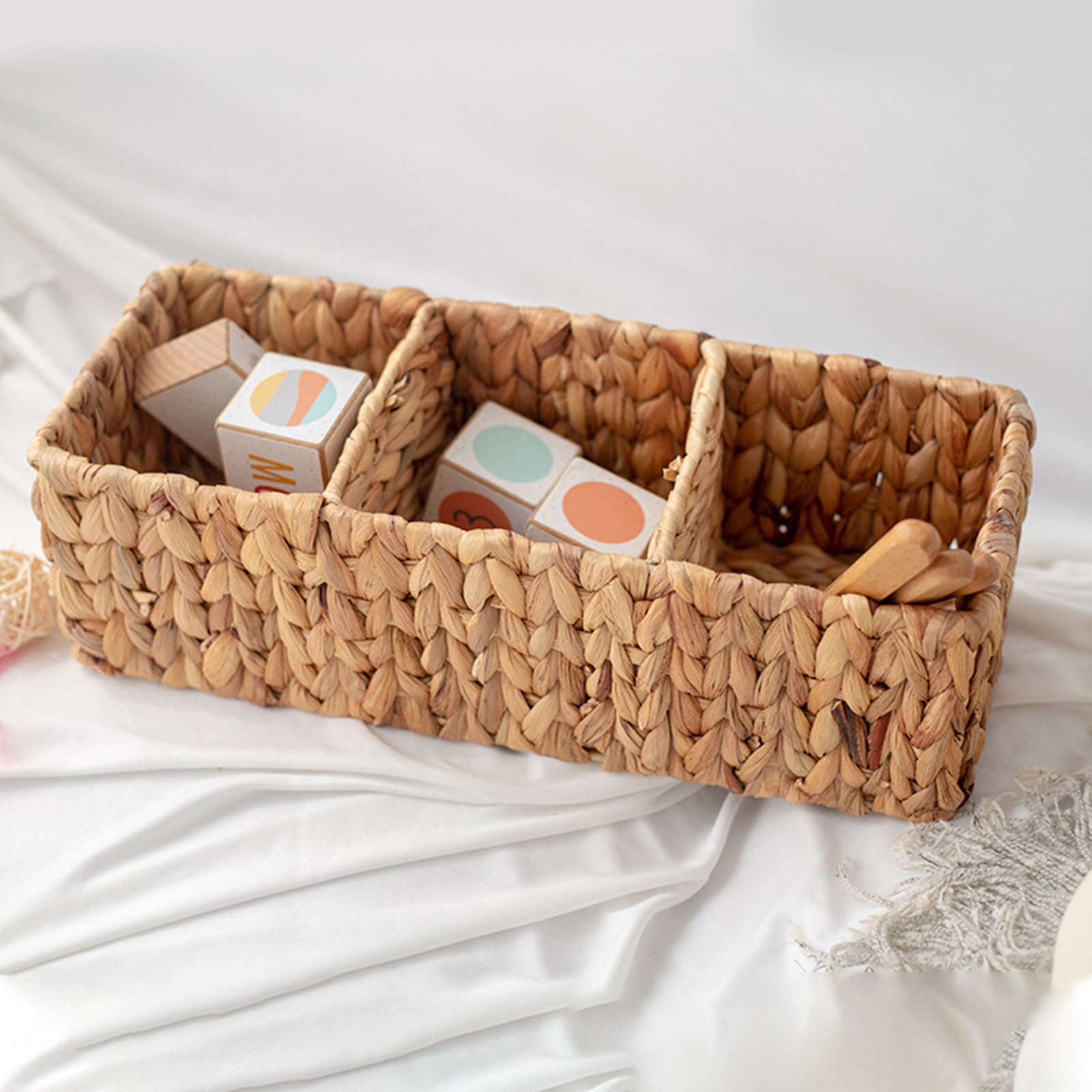 Water Hyacinth Tank Topper Storage Baskets 3 sections Woven Wicker Basket for Toilet Paper Holder, Baskets for Vanity, Bathroom, Pantry Organizing, or Coffee Table Decor, 16.93x6.69x5.12"