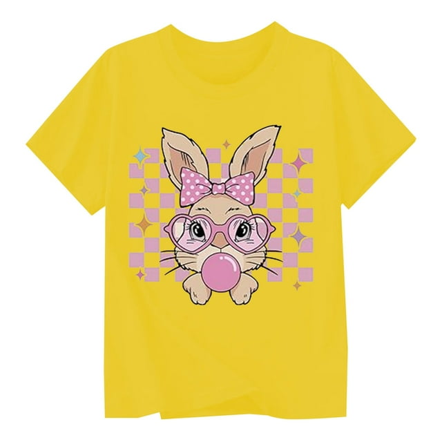 XDZJLR T-Shirt pour Filles Tout-Petits Imprimé Lapin de Pâques Col Rond Manches Courtes Mode Décontractée Vêtements Jaune 2-3 Ans