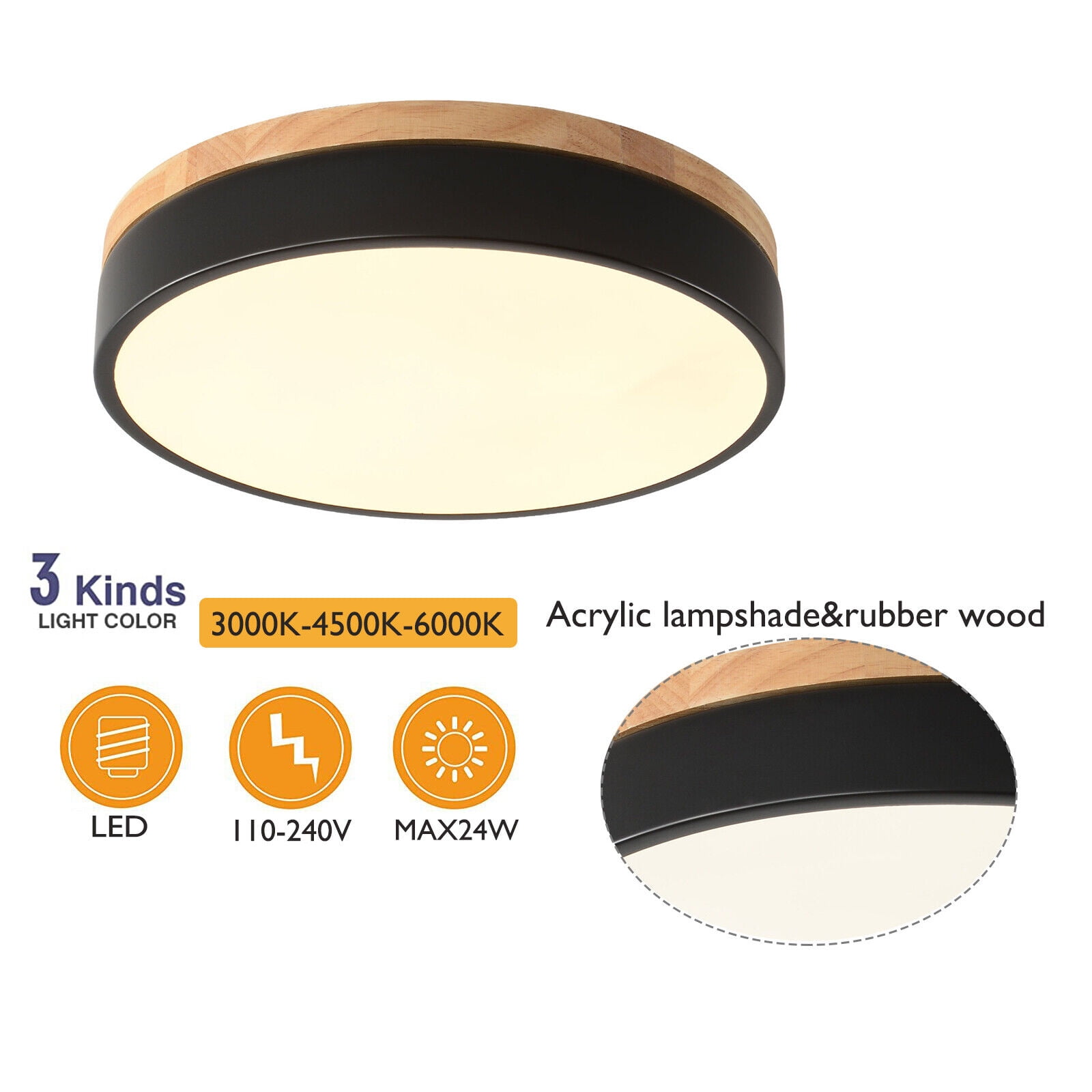 Farmhouse 12 inches Round Dimmable LED Flush Mount Light Bedroom Ceiling Light Wood Base 3 Lighting Colors