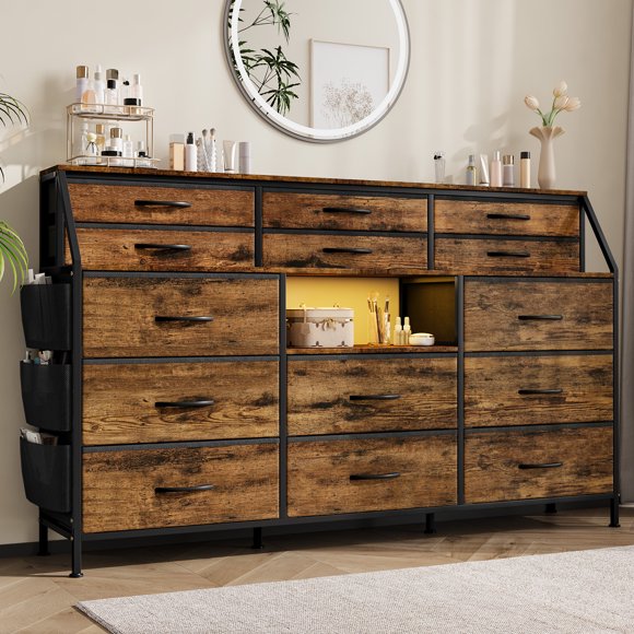 14-Drawer Fabric Dresser for Bedroom,Storage Organizer with Wooden Top & Metal Frame, Large Capacity Chest of Drawers for Bedroom, Living Room, Closet,Brown