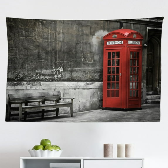 London Tapestry, Historical Big Ben and Bus Bell Clock Tower UK Europe Street Landmark, Fabric Wall Hanging Decor for Bedroom Living Room Dorm, 2 Sizes, Purple Red Yellow, by Ambesonne