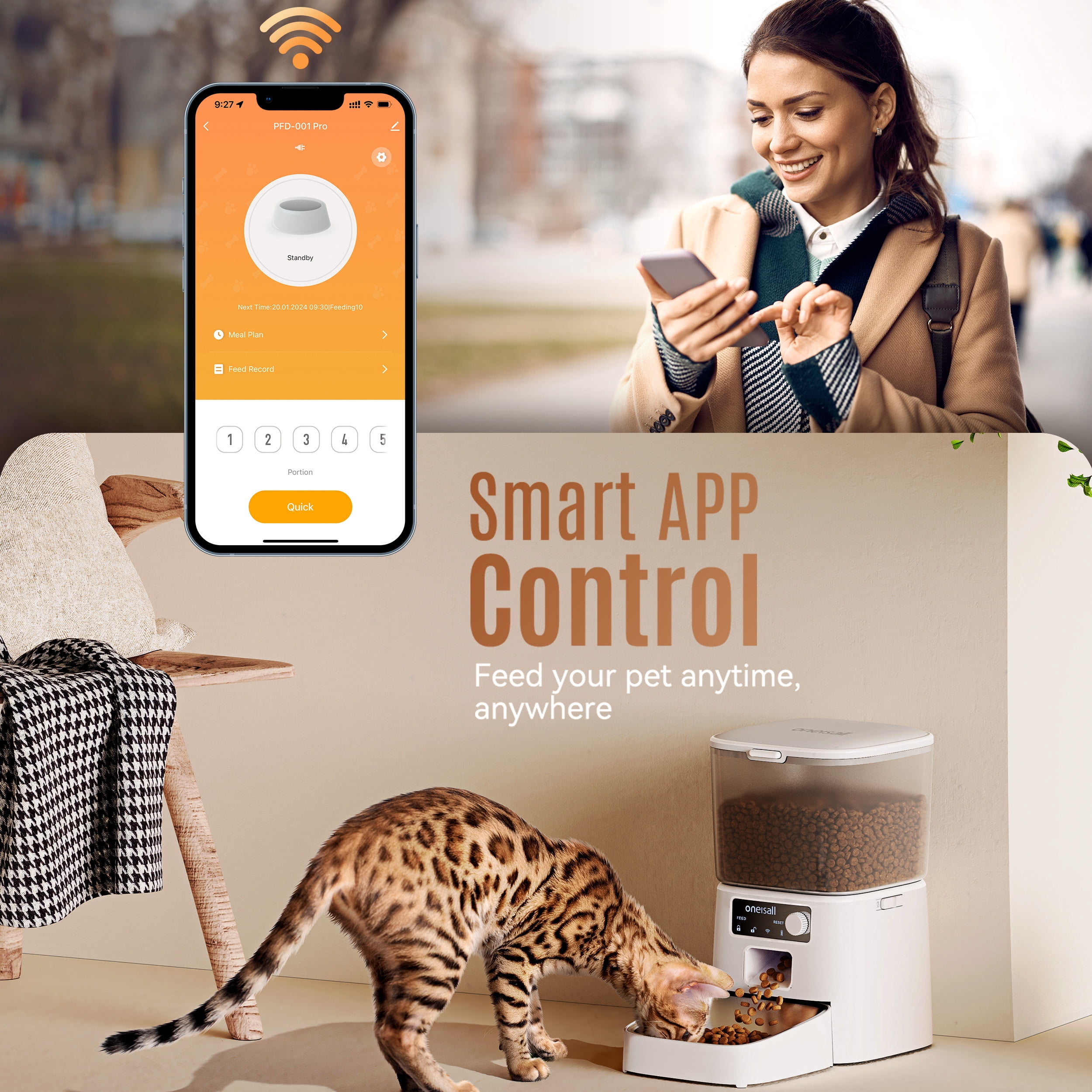 Oneisall WF-53 Automatic Cat Feeder, 2.4GHz WiFi Timed Cat Feeder with App Control, 3.5L/12 Cup Cat Food Dispenser for Dry Food, 10 Meals Per Day Auto Cats Feeder, White