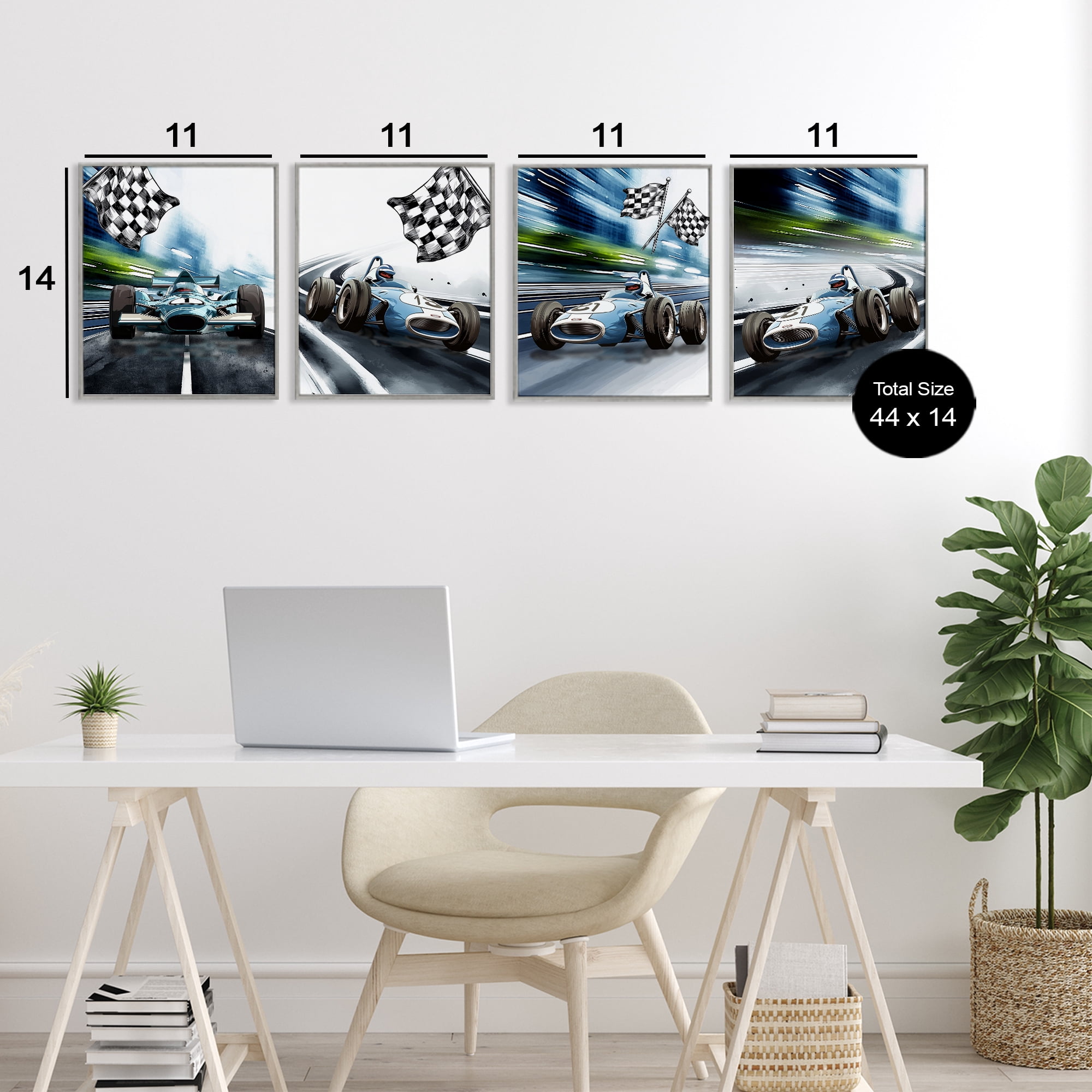 Stupell Industries Ready Set Racecars 4 Piece Gray Framed Giclee Art Set, design by Christine Simpson Art