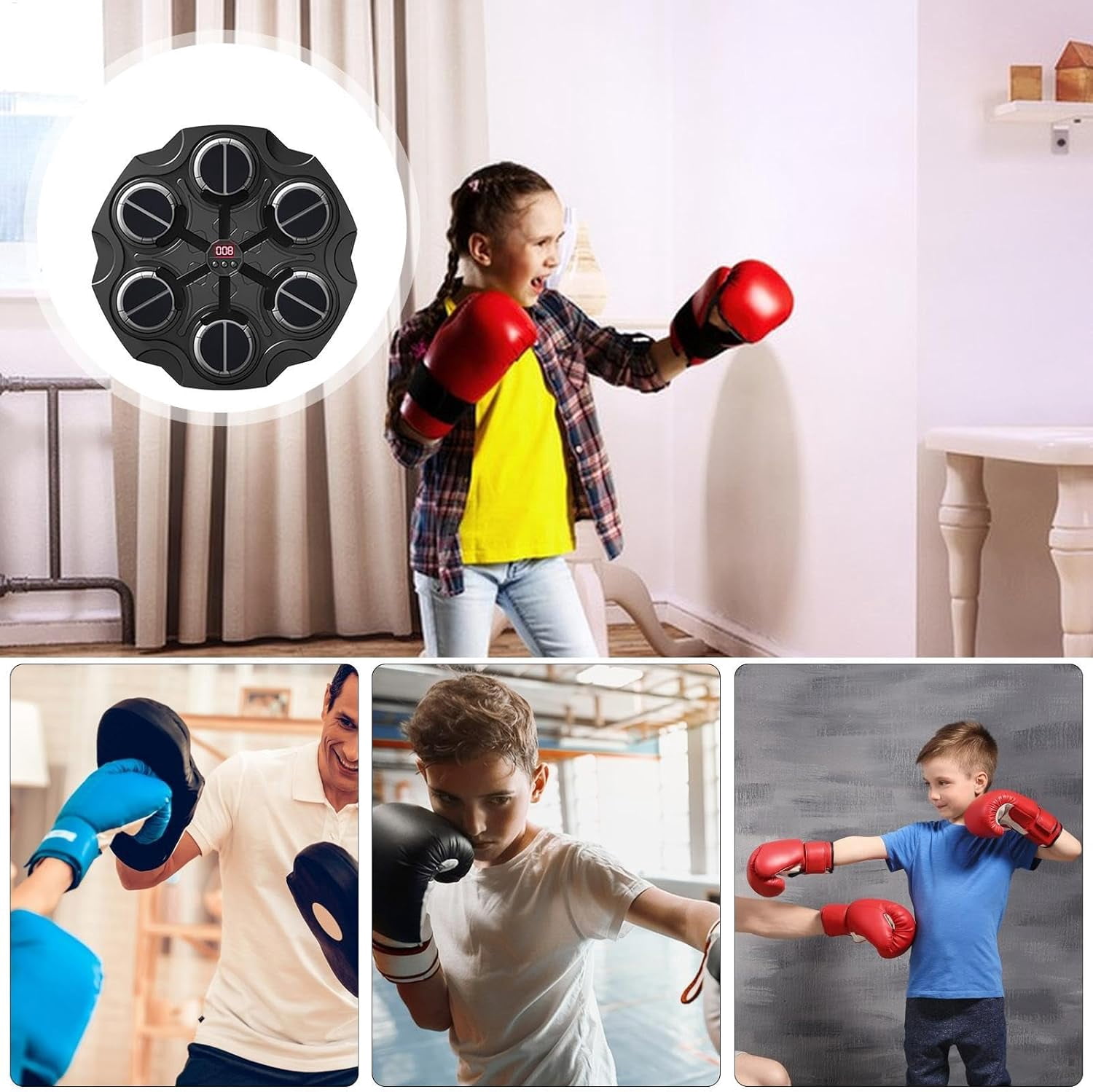 Musicboxing Machine with Bluetooth LED Counter, Smart Boxing Trainer with Gloves for Kids Adults, 3 Modes Interactive Fitness Equipment for Home