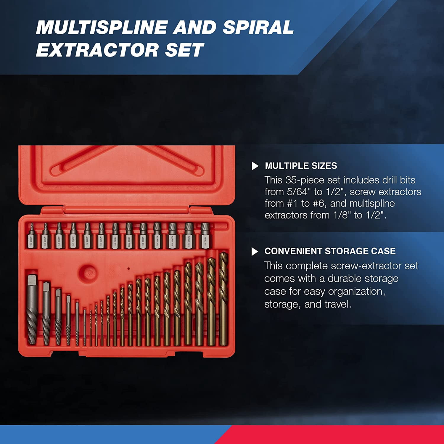 NEIKO 04206A Screw-Extractor Set, Broken Bolt Remover, Multispline and Spiral Extractors for Stripped Screws, Studs, Fittings, and Lugs, Left-Hand Drill Bits, 5/64" to 1/2", 35-Piece Set
