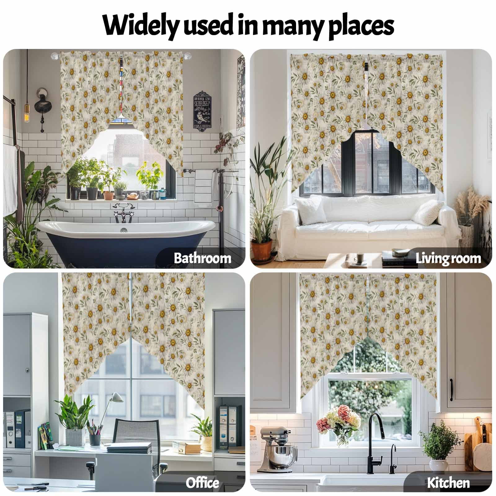 Swag Curtain Valances Daisy Flower Swag Valances for Kitchen Windows Green Leaves Linen Short Topper Curtains Valance Tier Pair for Kitchen Bedroom Living Room Bathroom 28"x36"