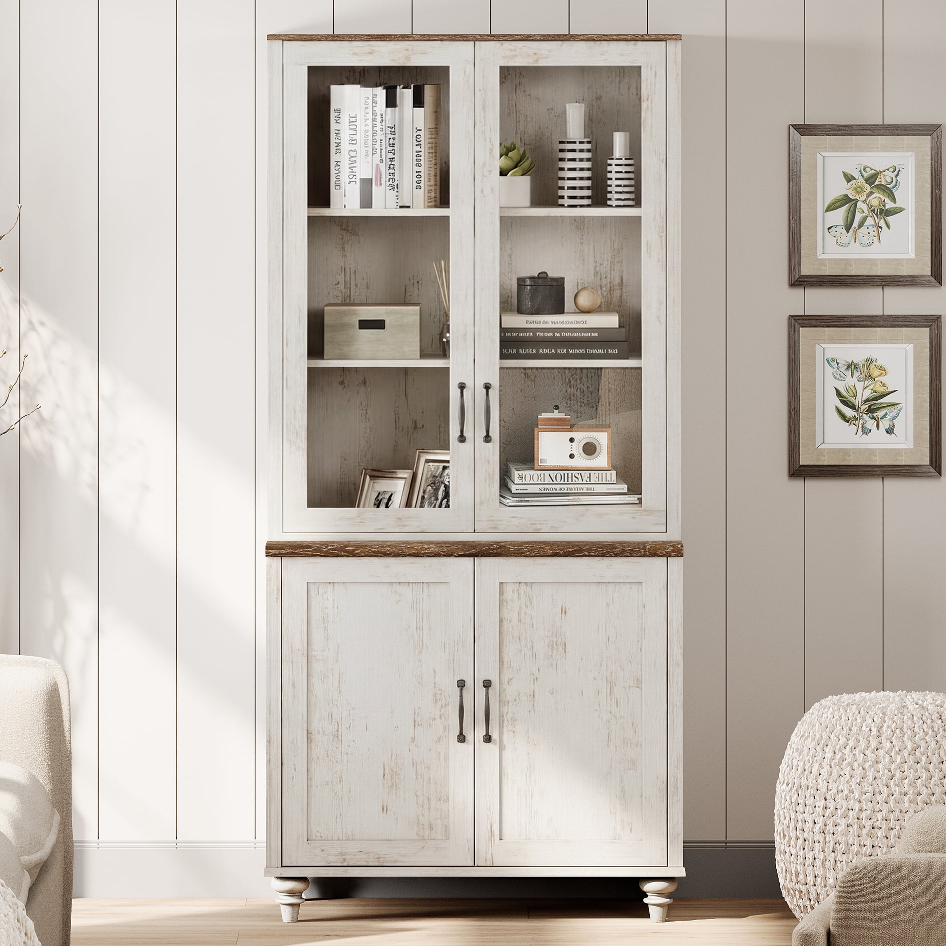 72.1"H × 33.9"W Large Farmhouse Wooden Bookcase with Glass Doors & Shelves, Storage Cabinet Bookcase for Living Room, Bedroom, Home Office & Kitchen, Rustic white
