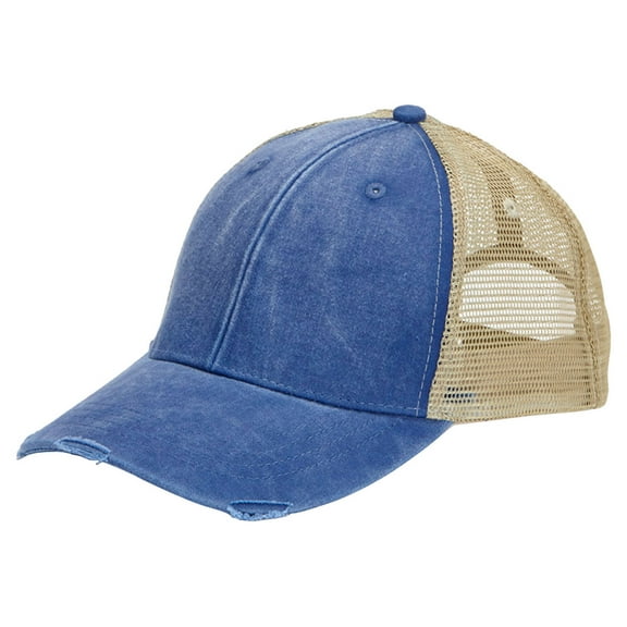 6-Panel Pigment-Dyed Distressed Trucker Cap , OL102 , ROYAL/ TAN , One Size