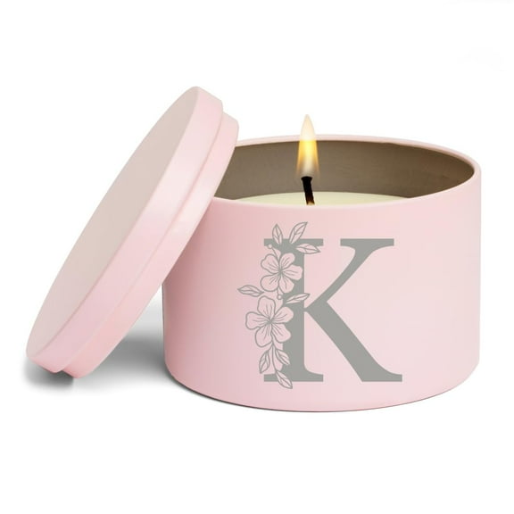 Scented Candle Gift 8oz with Lid Floral Monogram Letter K (Pink, Vanilla)