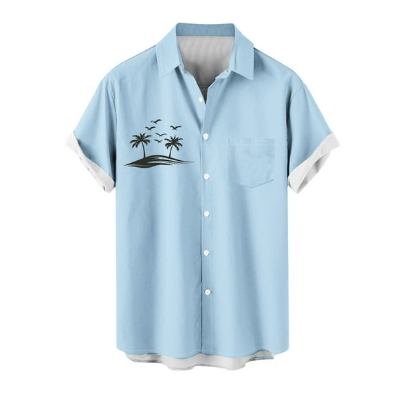 AHTJRT Stylish Men's Camouflage Print Button Down Short Sleeve Shirt Light Blue L