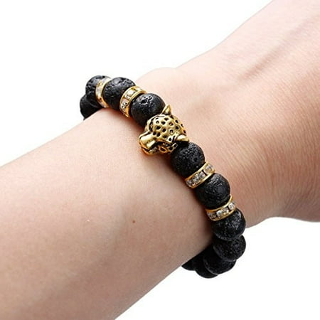 - Women & Men Synthetic Lava Beaded Healing Bracelet Leopard Head and Rhinestone Elastic Bracelet 24cm(9 4/8