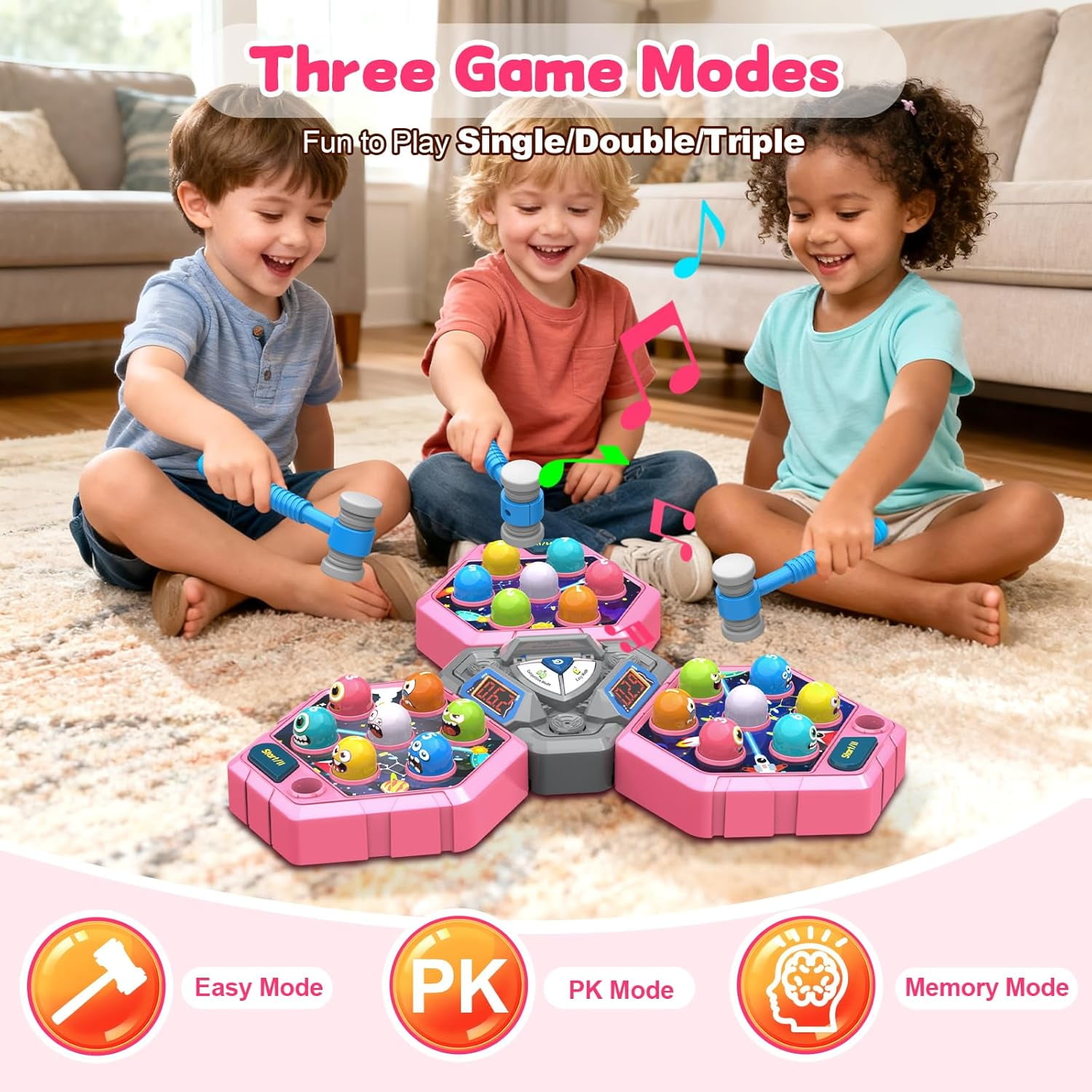 3-Player Whack Game Mole Toy for Ages 3+, Early Learning Toy with Lights & Sounds, Interactive Pounding Hammer Toy with 3 Game Modes, Perfect for Families