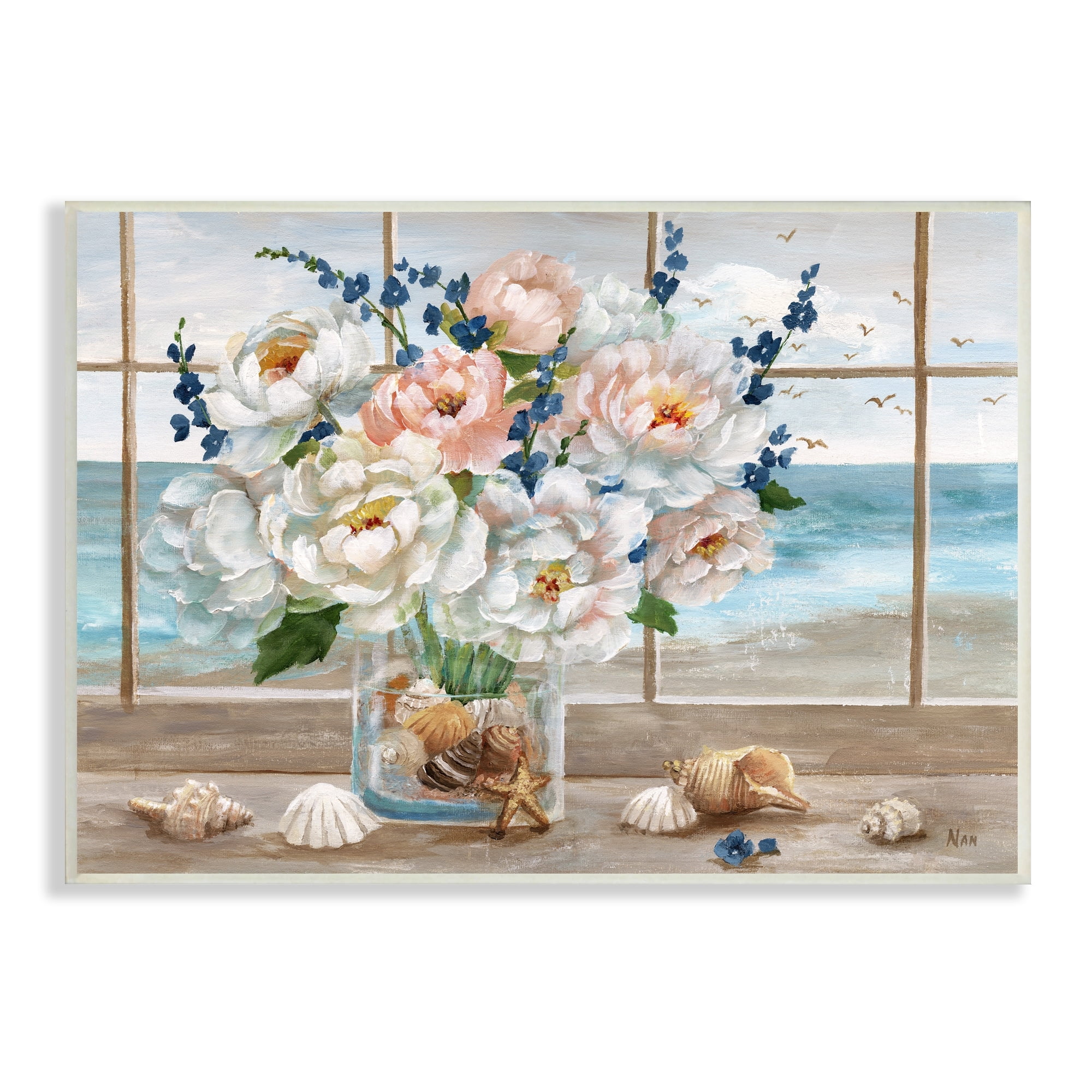 Stupell Industries Beautiful Seaside Peonies Bouquet Vase Beach Seashells, 19 x 13, Design by Nan