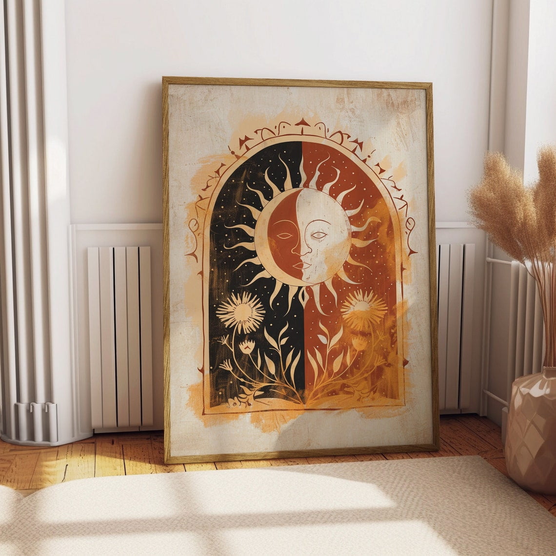 Sun Art Poster Mystical Folk Art Illustration Flowery Spiritual Print Botanical Rose Boho Wall Art Earth Tones Flowery Calm Bedroom Decor Wall Art Modern Wall Decor 24x36 UNFRAMED