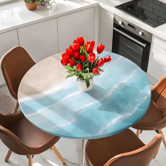 Blue Beach Coastal Elastic Fitted Round Tablecloth Summer Ocean Waves Watercolor Waterproof Outdoor Table Cover for Holiday Party, Picnic, Patio & Dining Fits Tables Up to 36"-44"